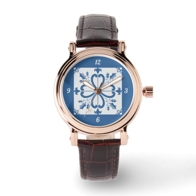 Montre Sacré de Noël et pétales de fleurs carreaux bleus (Recto)