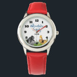 Montre Safari Jungle Animal Illustration Aventure Attend<br><div class="desc">Une montre à thème safari. Illustration aquarelle avec gorille,  hippo,  lion et girafe accrochée au milieu des herbes vertes. La typographie dit Adventure Await. Un cadeau parfait mignon et fantaisiste pour un enfant.</div>