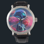 Montre Sagesse Alien Psychédélique Scifi Art<br><div class="desc">Portrait futuriste de la Sagesse Alien regardant loin sur l'espace profond. Peinture d'Art numérique Copyright BluedarkArt TheChameleonArt.</div>
