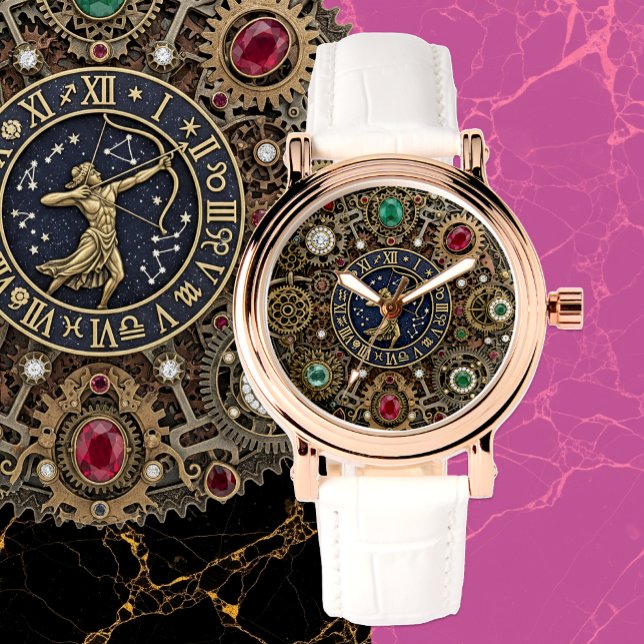 Montre Sagittarius signe zodiac, Steampunk, pierres préci (Sagittarius Watch, Zodiac Signs, Jeweled)