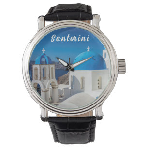 Montre Santorin avec une église bleue et blanche