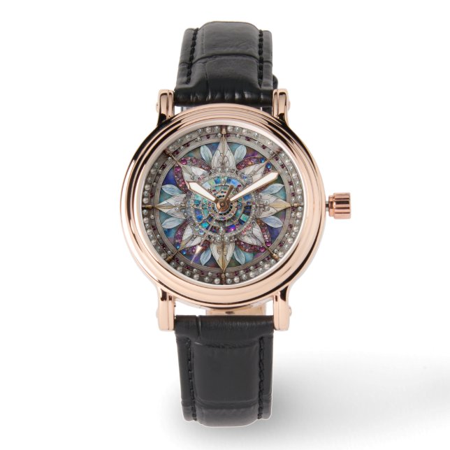 Montre Saphirs roses et bleus Diamants Perles Mandala (Recto)