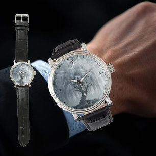 Montre Saule pleureur au bord d'un étang, noir et blanc,
