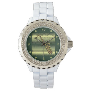 Montre Saxophone~Partition roulée~Arrière - plan or/ver