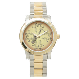 Montre Saxophone ~ Scroll musical ~ Arrière - plan d'or ~