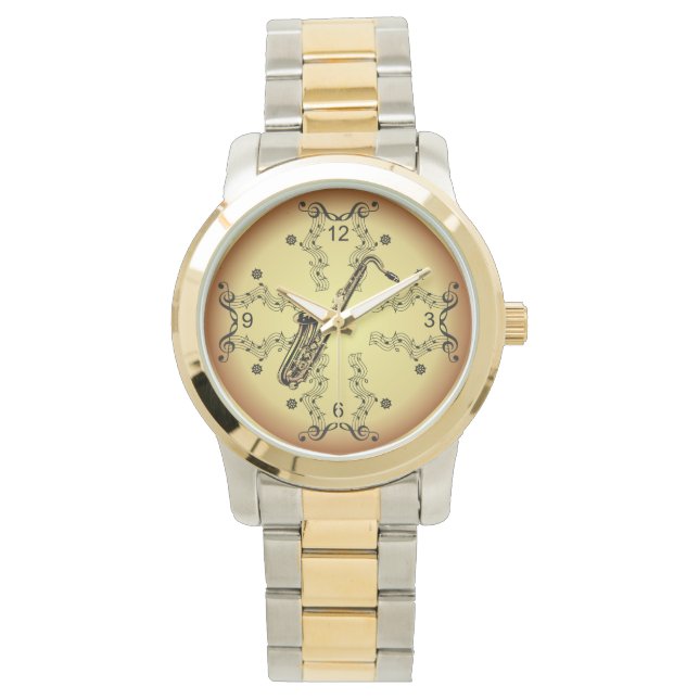 Montre Saxophone ~ Scroll musical ~ Arrière - plan d'or ~ (devant)