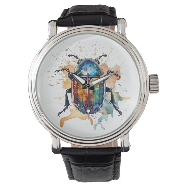 Montre scarabée colorée et vibrante en aquarelle (devant)