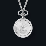 Montre Scénario moderne - Groomsman personnalisé<br><div class="desc">Cadeaux Groomsman personnalisés avec le nom de toiletteur personnalisé en gris style de police script moderne avec titre et date mariage dans style de police sans serif moderne sur arrière - plan de marbre blanc. Parfait aussi pour le meilleur homme, père de la mariée, demoiselle d'honneur, mère de la mariée...</div>