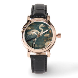 Montre scène botanique vintage grue bleue et lotus aussi
