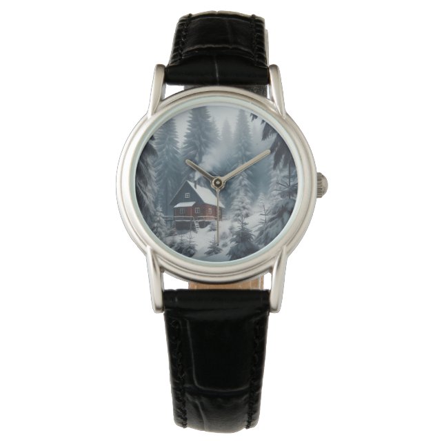 Montre Scène Cabine d'hiver avec neige et pins (devant)