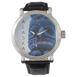 Montre Scène d'hiver de l'Alaska Totem sculpté Pole Conçu