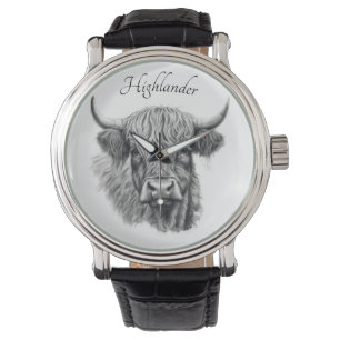 Montre Scottish Highland Cow Sketch personnalisable