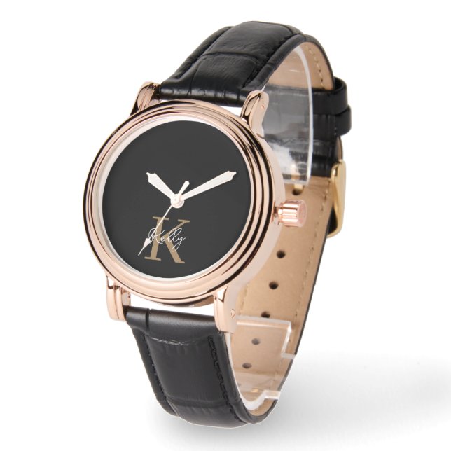 Montre Script de monogramme d'or noir moderne (Angle)