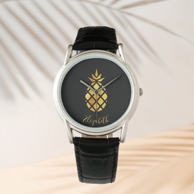 Montre Script de nom d'ananas en or noir élégant (Créateur téléchargé)
