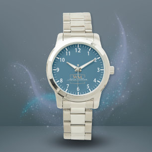 Montre Script de nom du monogramme d'or bleu blanc