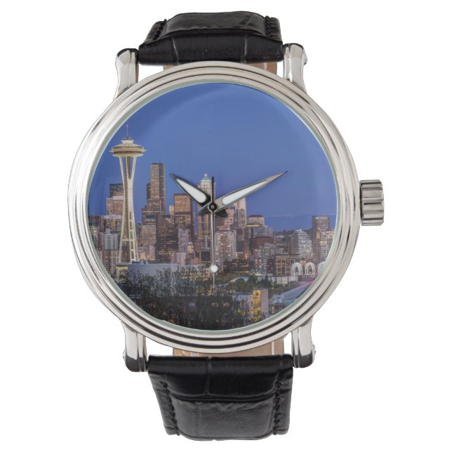 Montre Seattle, centre-ville et mont Rainier au crépuscul (devant)