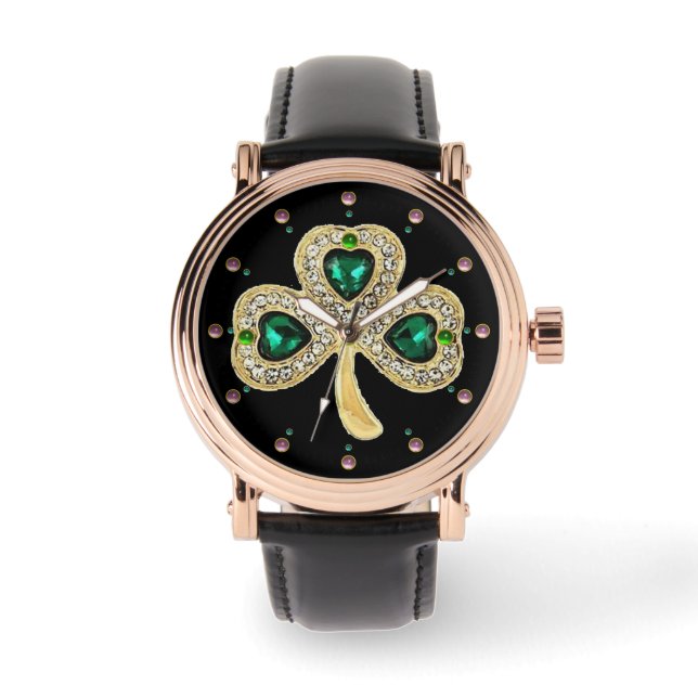 Montre SHAMROCK D'OR JEWEL EMERALD COEURS VERTS, Pierres (Recto)