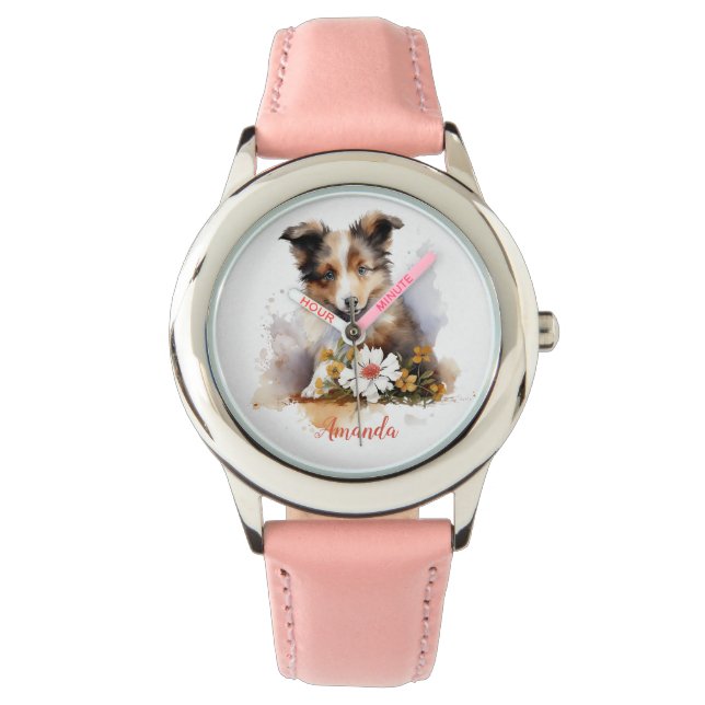 Montre Shetland Sheepdog Chiot Pet Aquarelle (devant)