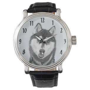 Montre Sibérie Husky (noir et blanc) Peinture Chien Art