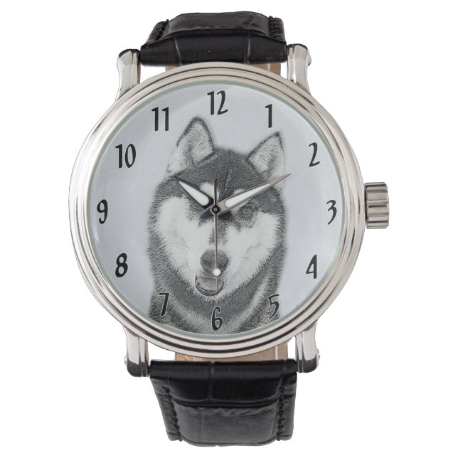 Montre Sibérie Husky (noir et blanc) Peinture Chien Art (devant)