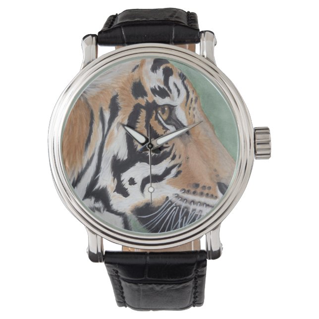 Montre Sibérie Tiger Watch Black Leather Band Options (devant)
