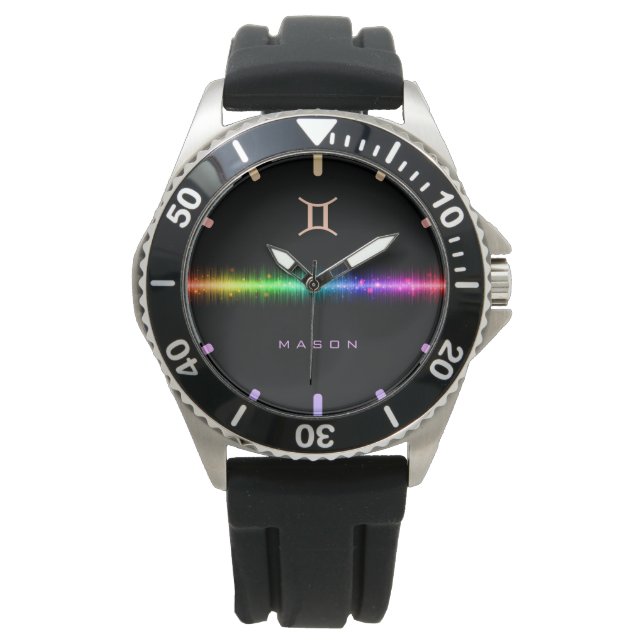 Montre Signe Gemini Zodiac Rainbow Pride Nom de la ligne (devant)