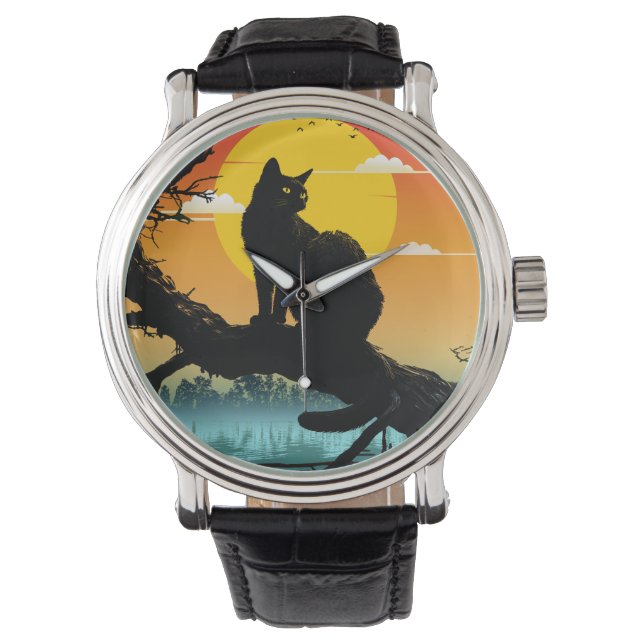 Montre Silhouette de chat et d'arbre au coucher du soleil (devant)