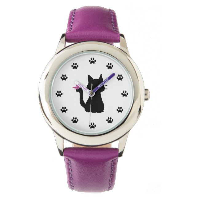 Montre Silhouette de chat noir Papillon rose (devant)