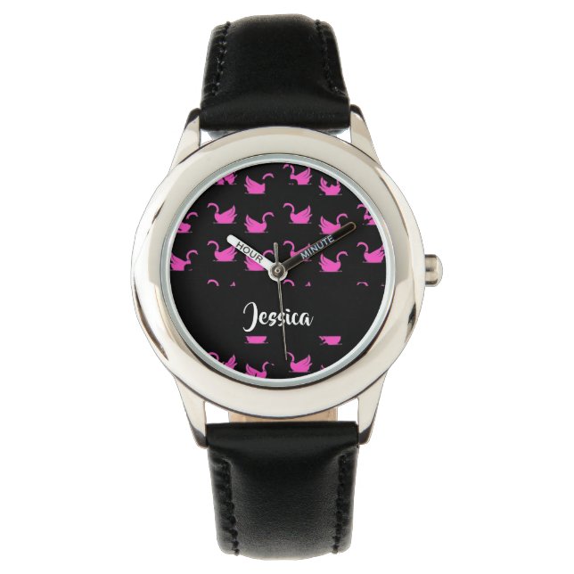 Montre Silhouette de cygnes roses sur noir (devant)