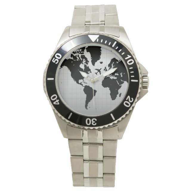 Montre silhouette de l'avion sur la carte du monde noir (devant)