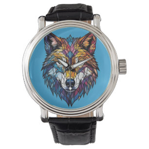 Montre Silhouette de loup coloré en verre mosaïque