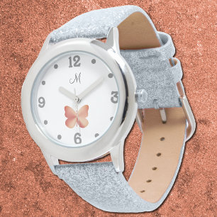 Montre silhouette de papillon à look or rose