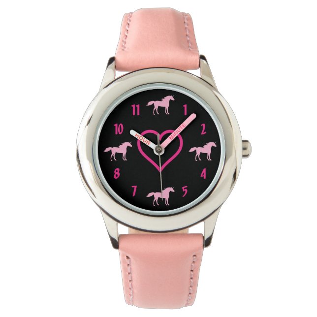 Montre Silhouette rose mignonne Unicornes et coeur sur no (devant)