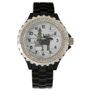 Montre Silhouette rustique orignal et arbres sur bouleau