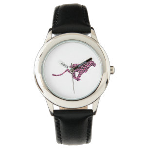 Montre Siloette d'impression Leopard noir et rose chaud