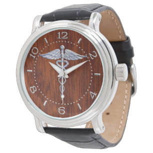 Montre Silver Like Caduceus Medical Symbole Mahogany Dial