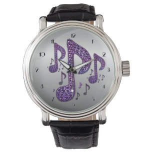 Montre Silver Purple Sparkle Music Notes Wrist Watch