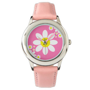 Montre Simple blanc et rose chaud conception marguerite i