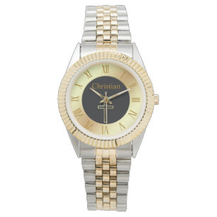 Montre Simple croix d'or chrétienne avec monogramme