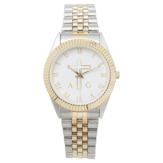 Montre Simple croix d'or chrétienne avec monogramme (devant)
