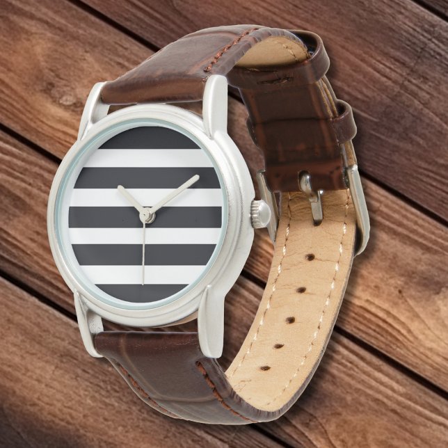 Montre Simple Elegant Classique Noir Blancs Cuir (Simple Elegant Modern Classic. Black & White Stripes Silver and Leather Strap Watch.)