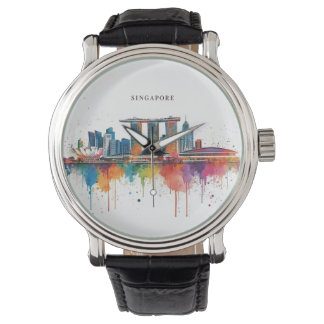 Montre Singapore city retro watercolor Skyline