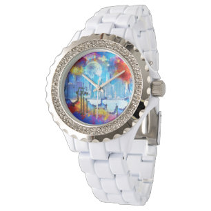 Montre SlipperyJoe NYC graffiti lune entourée de tourbill