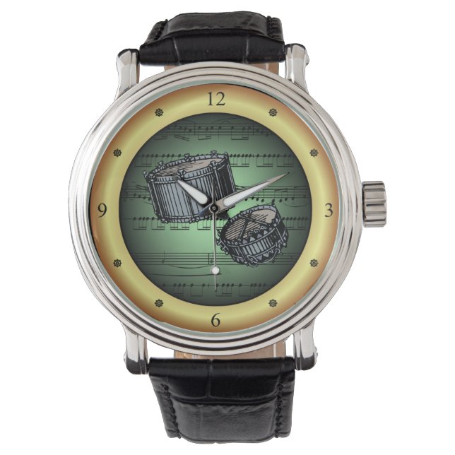Montre Snare Drums ~ Sheet Music ~ Arrière - plan Vert/Or (devant)