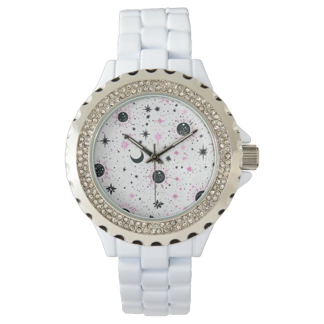 Montre Soleil Lune Étoiles Célestes Noir et Rose (devant)