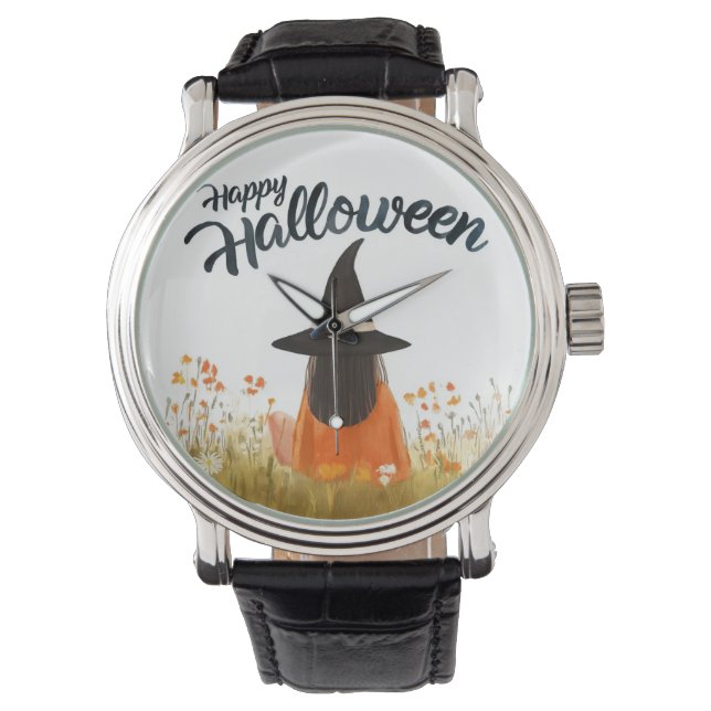 Montre Sorcière d'Halloween dans un champ de fleurs (devant)