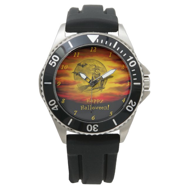 Montre Sorcière volante avec chat noir, nuit halloween (devant)