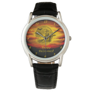 Montre Sorcière volante avec chat noir, nuit halloween