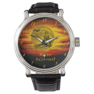 Montre Sorcière volante avec chat noir, nuit halloween