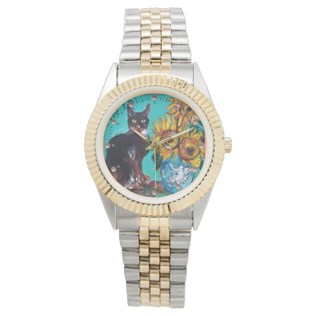 Montre SOUFFLE AVEC CHAT NOIR, Jaune, Bleu Turquoise (devant)